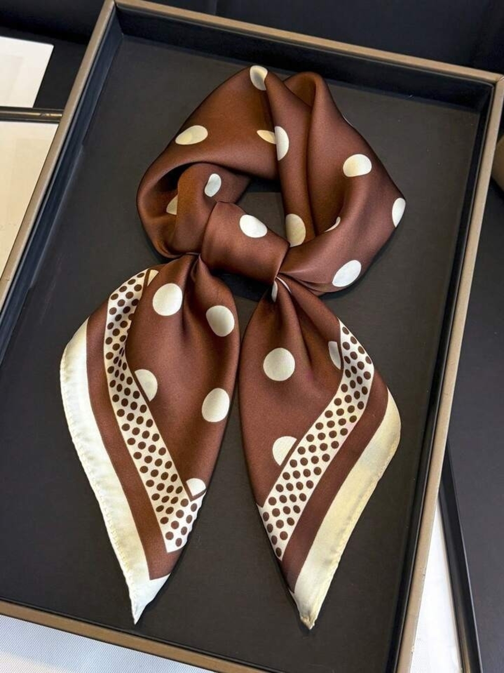 Silk-feel Polka Dot Silk Scarf - Brown & Cream 68*68cm